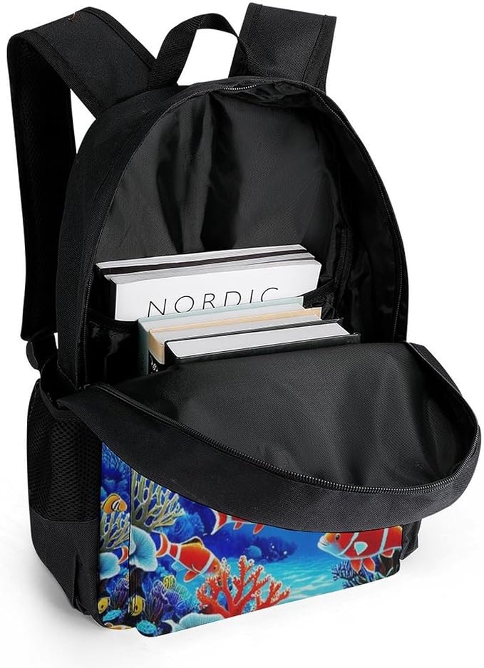 Rucksack Anti-Theft Multipurpose Big Capacity Carry On Bag, Colorful Sea Ocean World Dolphin Tropical Fishes Coral Traveling Camping Backpack With Side Pockets