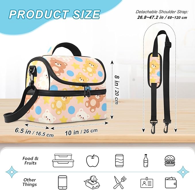 Double-layer Insulated Lunch Bag Cute Bear Star Waterproof Bags with Side Tissue Pocket for Beach Travel Car