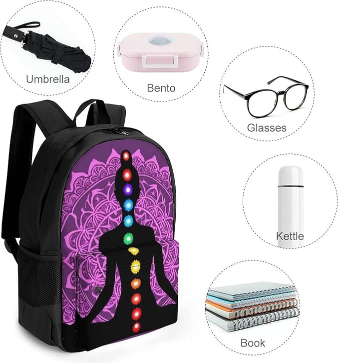 Lightweight Backpack for Gym Travel Bicycle, Big Capacity Multipurpose Anti-Theft Carry On Bag, Seven Chakra Yoga Meditation Lotus Purple Mandala Travel Hiking Bag Day Pack