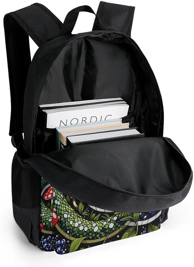 Men Women Polyester Trippy Mushroom Snake Art Daypack Big Capacity Shoulder Bag With Smooth Zippers for Hiking Work Walking Cycling