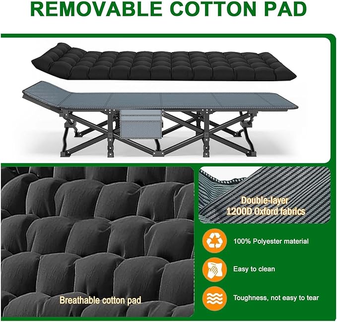 Camping Cot, Extra Wide with Thick Mattress, Folding Oversized XL 75" L x 28" W x 15" H Heavy Duty Sleeping Bed for Adult