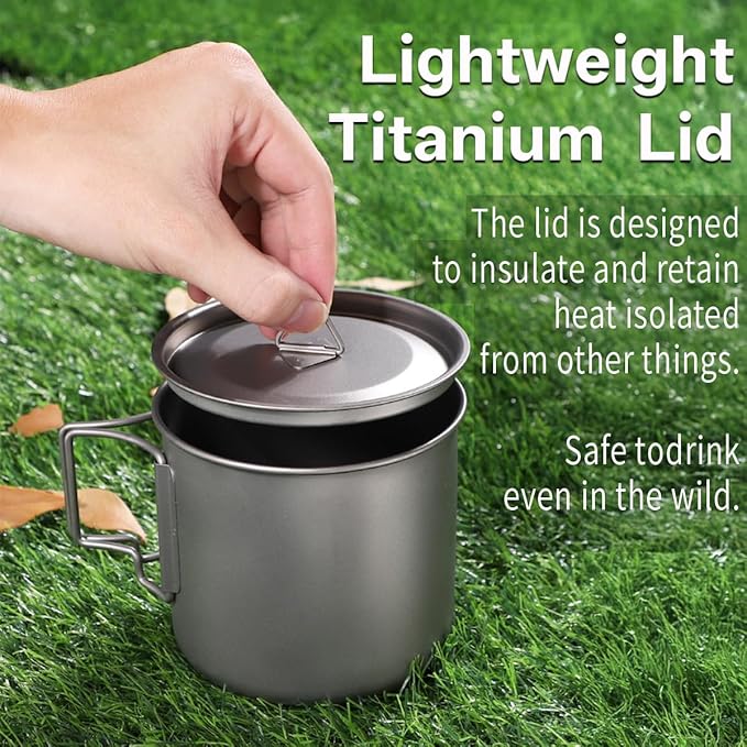 Titanium Camping Cookware 750ML Titanium Pot Kits with Camping Stove and Spork Portable Pot for Backpacking Hiking Traveling and Picnic
