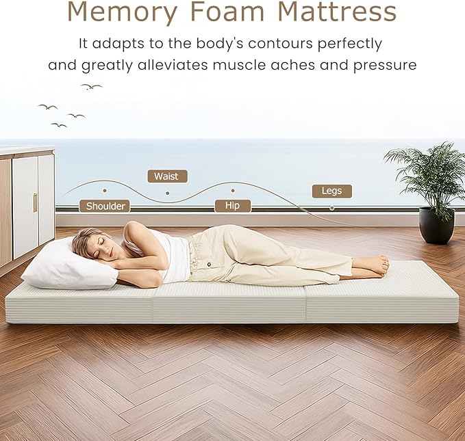 6-Inch Tri-Fold Mattress Full Size - Foldable Futon Sofa Bed with Removable Washable Cover, Folding Memory Foam Futon Mattress | Non-Slip Bottom & Carry Handles for Guest, Camping, Dorm