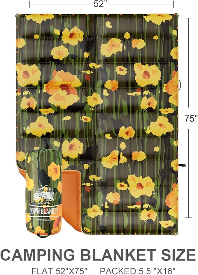 APSMILE Outdoor Down Blanket | Extra Warm & Puffy Camping Blanket | Water-Resistant, Lightweight, Packable Sleeping Quilt for Camp, Travel, Hiking, Picnic, Backpack (Bouquet HD Printed, 52"x75")