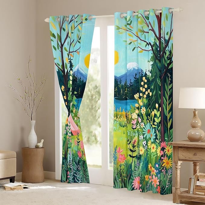 Manfei Camper Camping Blackout Curtains,Tent RV Trailer Rustic Adventure Boys Girls Room Decor,Daisy Flowers Leaf Mountain Lake Window Curtains,Pink 2 Panels,38Wx45L inch