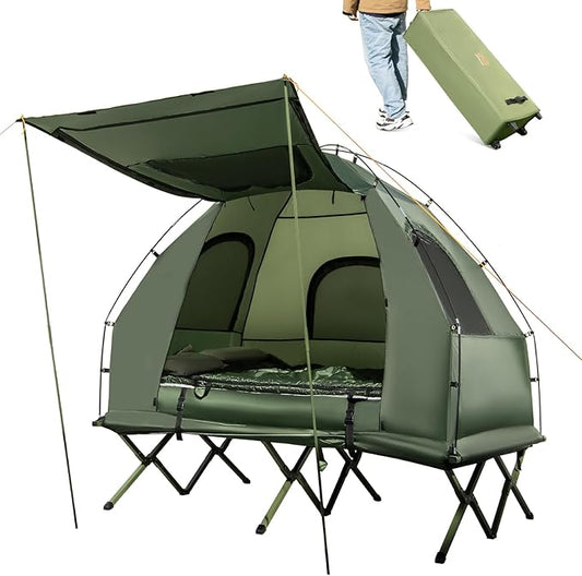 Goplus Camping Tent Cot, 5-in-1 Folding Camping Bed with Air Mattress, Pillow, Sleeping Bag, Waterproof Elevated Tent Shelter, Portable Outdoor Sleeping Cot with Carry Bag for Picnic, Trip