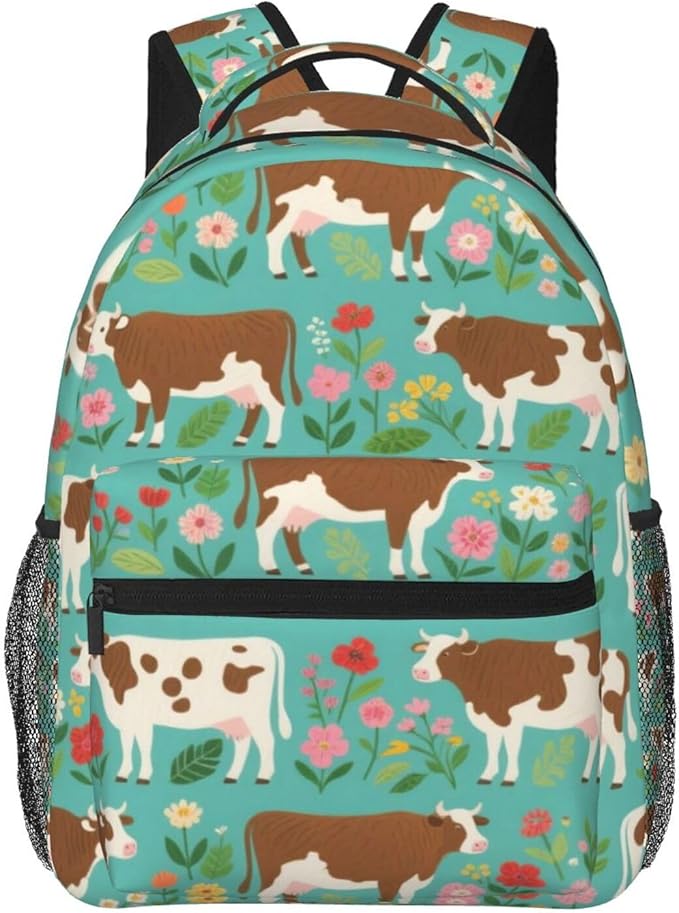 Rucksack Polyester Anti-Theft Multipurpose Hereford Cow Cattle Floral Carry On Bag Large Capacity Travel and Sport Backpack Rucksack With Smooth Zippers
