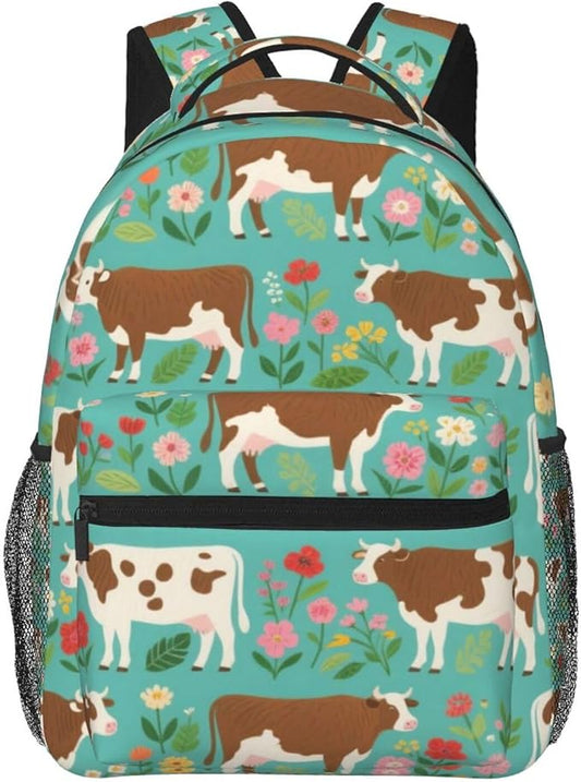 Rucksack Polyester Anti-Theft Multipurpose Hereford Cow Cattle Floral Carry On Bag Large Capacity Travel and Sport Backpack Rucksack With Smooth Zippers