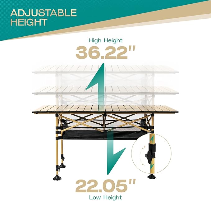 Height Adjustable Camping Table Tall Large Outdoor Folding Camping Table with Wide-Base Anti-Sink Legs & Carry Bag for Camping BBQ Beach Backyard (Beige)