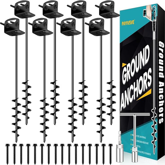 25" Ground Anchors Screw in, Mobile Home Anchors with Upgraded Wider Spiral Blades, Earth Anchors Swing Set Anchors High Wind Heavy Duty for Shed, Trampoline, Carports(Set of 8)