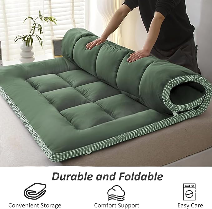 Thick Mattress Topper Queen Size - Non-Slip Mattress Pad Cover for Back Pain Breathable Folding Sleeping Pad Machine Washable Mattress Protector (60x80 inch,Green)