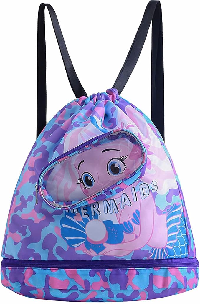 Mermaid Waterproof Beach Gym Backpack Mermaid Drawstring Swim Bag for Women Men Draw String Bags for Swimmers Dance Yoga Camp Dry Wet Separated Swimming Bag With Shoe Compartment