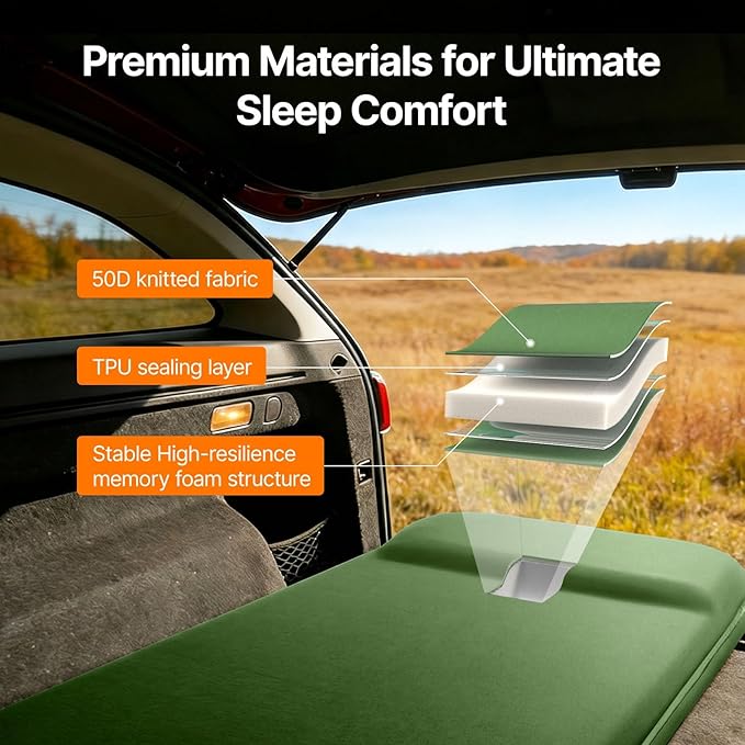 OGERY Upgraded Memory Foam Sleeping Pad with Washable Cover, 3" Self-Inflating Camping Mattress with Built-in Foot Pump, Non-Slip Quiet Sleeping Mat Camping Essentials Gear for Tent Travel Car