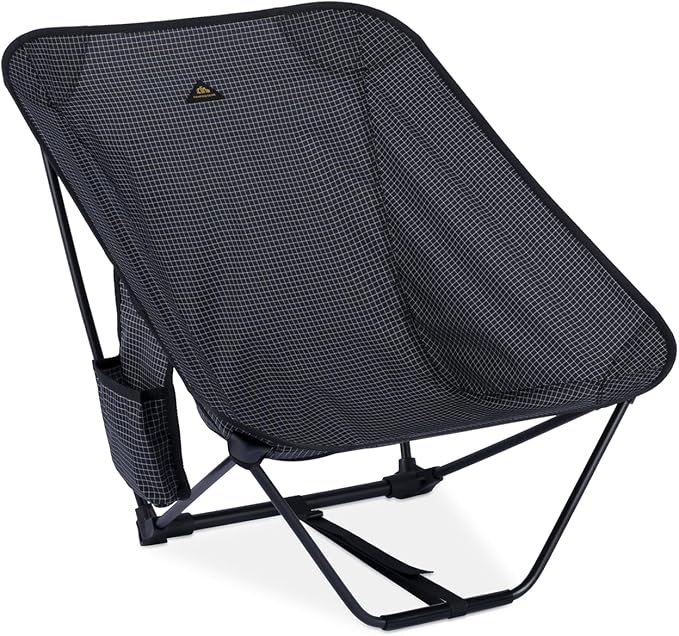 iClimb Low Ultralight Compact Camping Folding Chair with Side Pocket and Carry Bag (Black Grid)