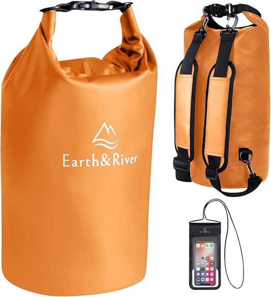 EARTH&RIVER Premium Waterproof Dry Bag Backpack, Extra Thick, Protection for All Water Activities & Camping, Floating Lightweight Dry Bag & IPX8 Waterproof Phone Case (Orange, 10L)