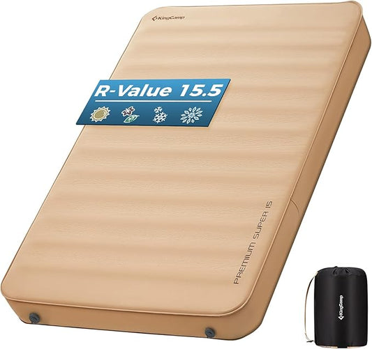 KingCamp Self Inflating Sleeping Pad, 6" Ultra Thick R 15.5 Air & Foam Camping Mattress 2 Person, Full Size Double Sleeping Pad for Camp Tent Outdoor Car, PVC Free (Khaki)