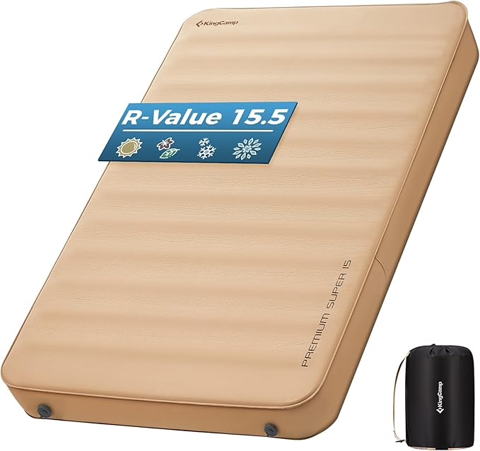 KingCamp Self Inflating Sleeping Pad, 6" Ultra Thick R 15.5 Air & Foam Camping Mattress 2 Person, Full Size Double Sleeping Pad for Camp Tent Outdoor Car, PVC Free (Khaki)