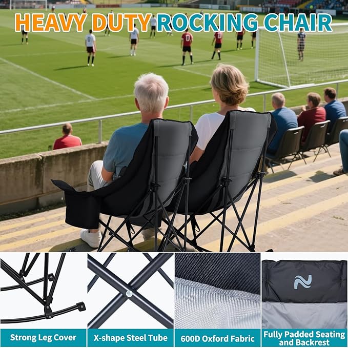 Oversized Rocking Camping Chair for Adults - Padded Recliner Rocker - Folding Lawn Chair with Cooler Bag and Pockets - Portable Rocker Chair Outdoor for Camp Patio Backyard