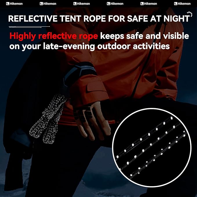 Hikeman Tent Guy Ropes 2mm-Ultralight Strong Guy Lines with Tensioner Reflective UHMWPE Fiber Tent Cord for Camping, Hiking, Backpacking Rope (Red, 65 Feet Cord & 10 Pcs Tensioner Kit)