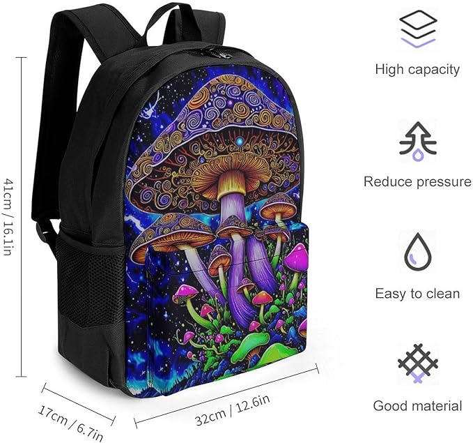 Supdreamc Shoulder Book Bags Anti-Theft Multipurpose Big Capacity Bookbag, Psychedelic Magic Mushrooms Trippy Galaxy Space Art Travel Hiking Backpack With Smooth Zippers