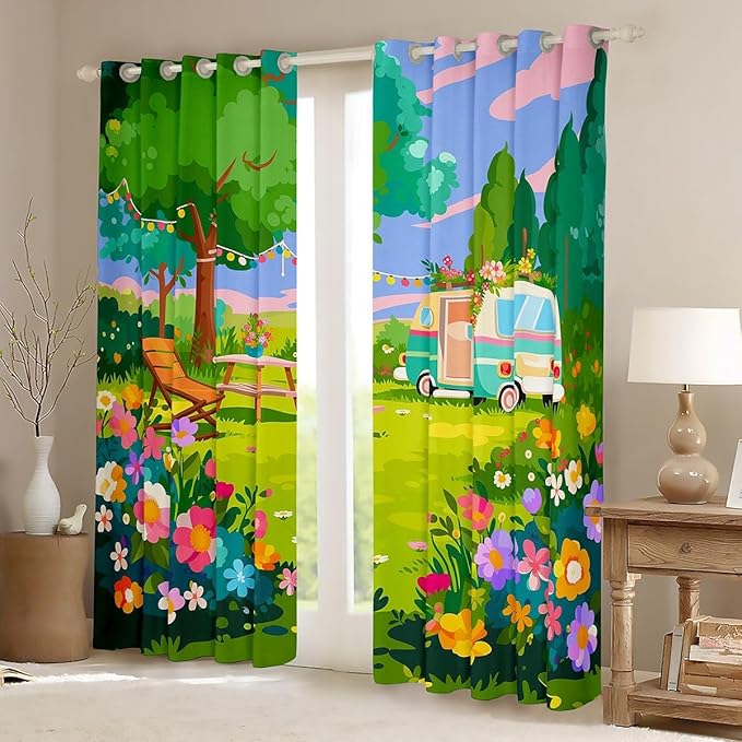 Erosebridal Happy Camping Window Drapes Camper Blackout Curtains 42" Wx63 L Rv Camper Curtains for Bedroom Living Room,Spring Camping Themed Floral Window Treatments 2 Panels