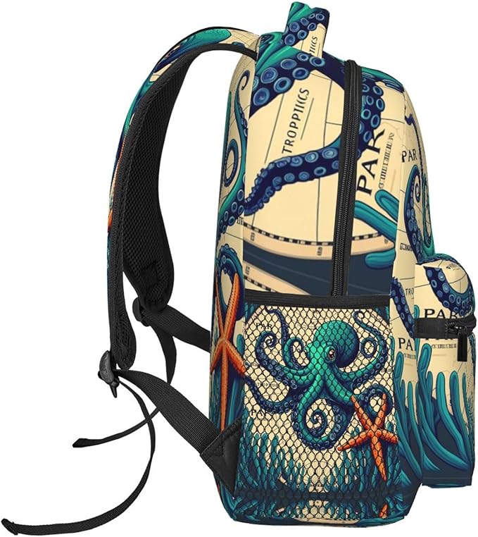 Daypack Polyester Anti-Theft Multipurpose Retro Octopus Art Bookbag Big Capacity Gym Outdoor Hiking Backpack With Adjustable Shoulder Straps