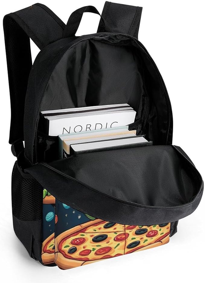 Polyester Daypack Backpack for Sports Travel Running, Big Capacity Anti-Theft Multipurpose Carry On Bag, Funny Space Dj Alien Eating Pizza Art Laptop Book Bag Rucksack