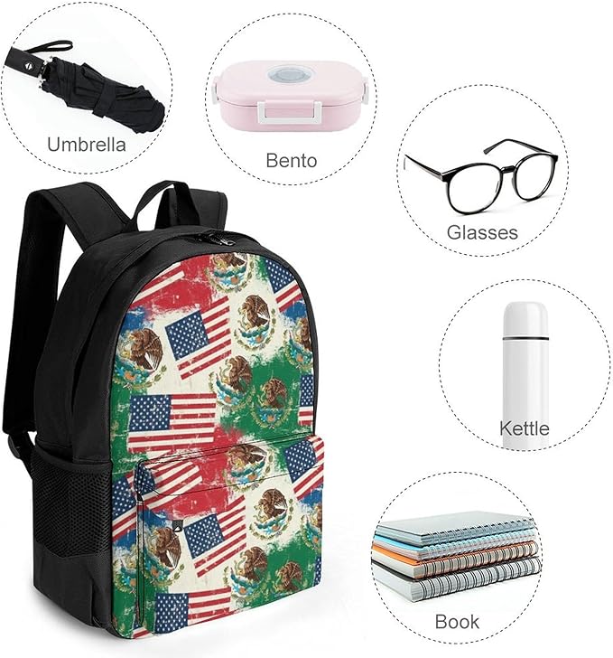Adults Lightweight Mexico Mexican Usa America Flag Rucksacks Large Capacity Bookbag With Adjustable Shoulder Straps for Trekking Outdoors Bicycle