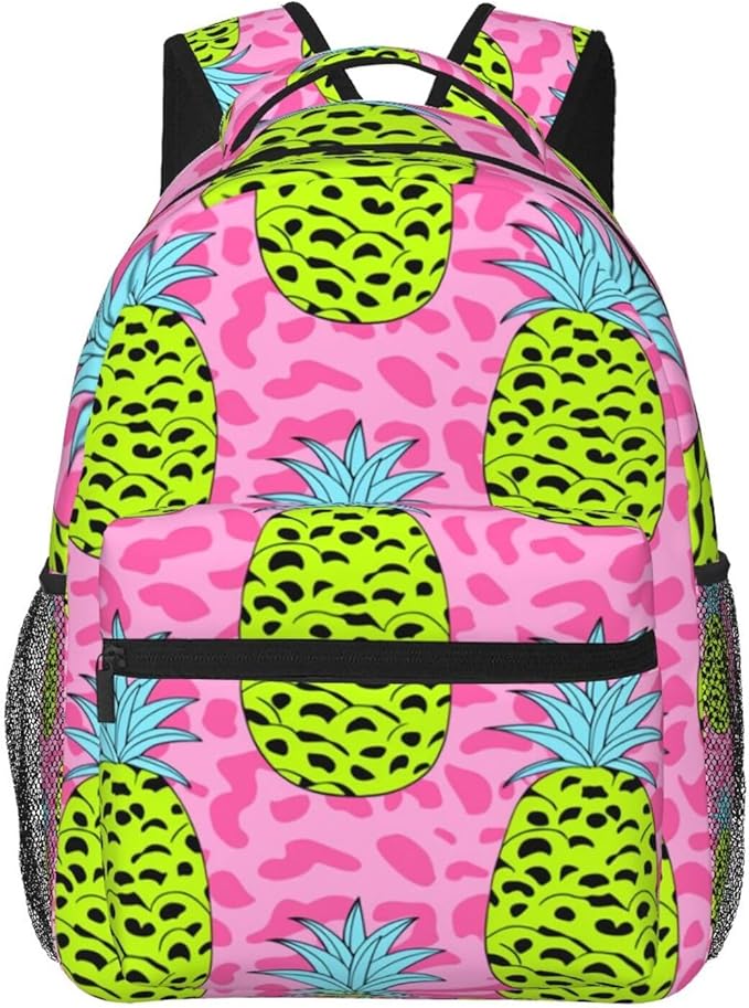 Men Women Lightweight Leopard Pineapple Pink Pattern Backpack Large Capacity Carry On Bag With Padded Straps for Sports Work Walking Cycling