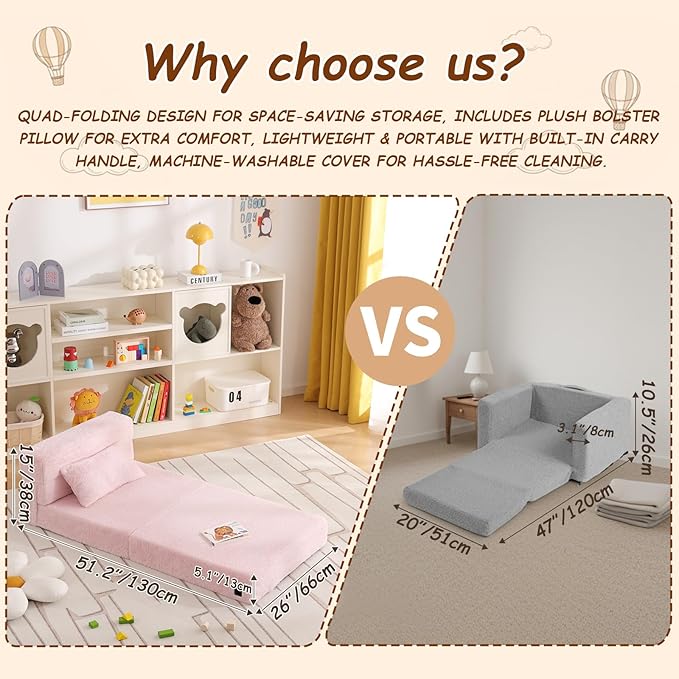 Folding Sofa Bed Floor Mattress for Kids with Pillow, Toddler Washable Folding Floor Nap Mat for Daycare, Child Fold Up Sofa Futon Chair Bed with Storage Bag for Playroom, Camping