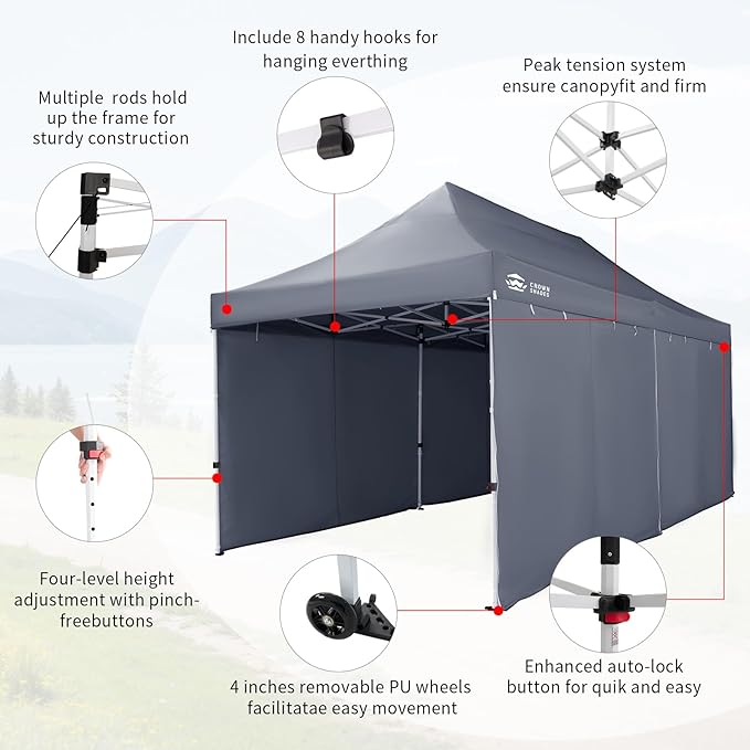 CROWN SHADES 10x20 Pop Up Canopy Tent, Thicken Frame Commercial Heavy Duty Tent, 4 Sidewalls 8 Stakes & 4 Sandbags & 4 Ropes, Outdoor Canopies for Events, Parties, Gray