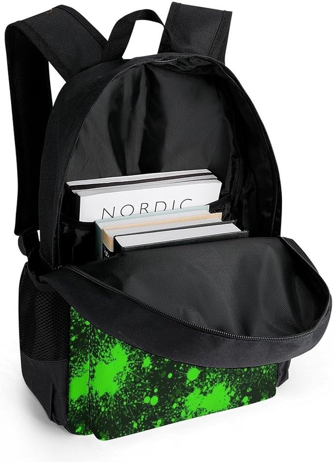 Rucksack Polyester Anti-Theft Multipurpose Green Paint Splatter Black Bookbag Big Capacity Travel and Sport Backpack Rucksack With Side Pockets