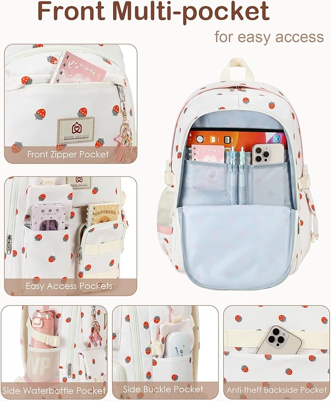 Laptop School Backpack for Teen Girls Women 15.6 Inch Cute College Backpacks Large Elementary Middle High School Bag Kids Student Strawberry Bookbag Anti Theft Travel Casual Daypack (Beige-Strawberry)