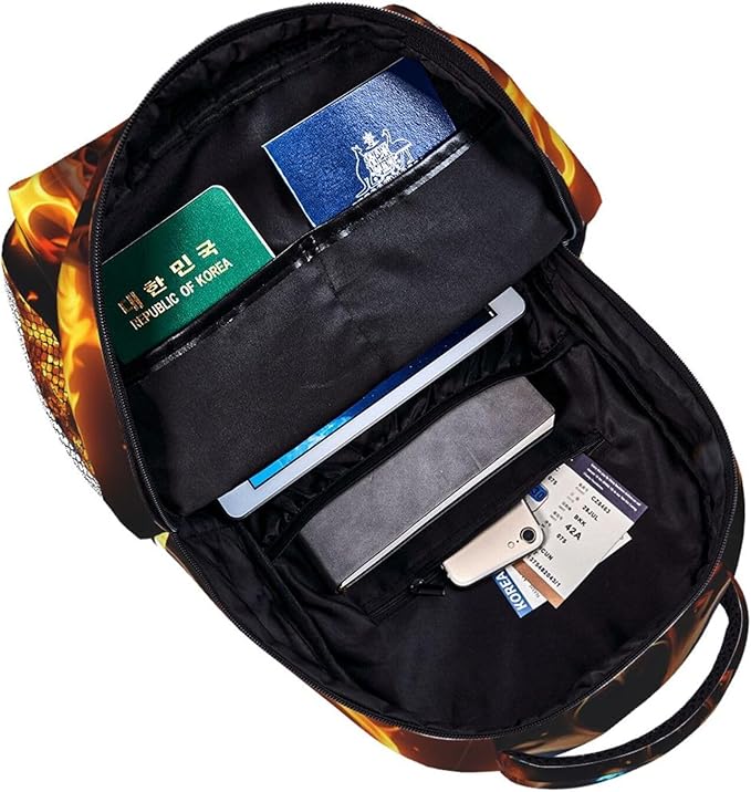 Daypack Backpack Polyester Anti-Theft Multipurpose Skull Flame Fire Art Bookbag Big Capacity Travel Hiking Camping Rucksack With Smooth Zippers