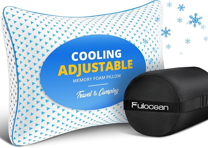 Small Cooling Memory Foam Travel Pillows for Airplanes, Compressible Camping Pillow, Adjustable Shredded Foam Bed Pillow for Medium Firm Neck Knee Lumbar Support, Ideal Sleeping,Car,Backpacking