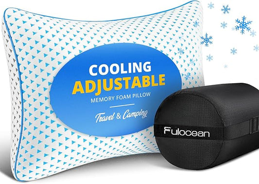 Small Cooling Memory Foam Travel Pillows for Airplanes, Compressible Camping Pillow, Adjustable Shredded Foam Bed Pillow for Medium Firm Neck Knee Lumbar Support, Ideal Sleeping,Car,Backpacking