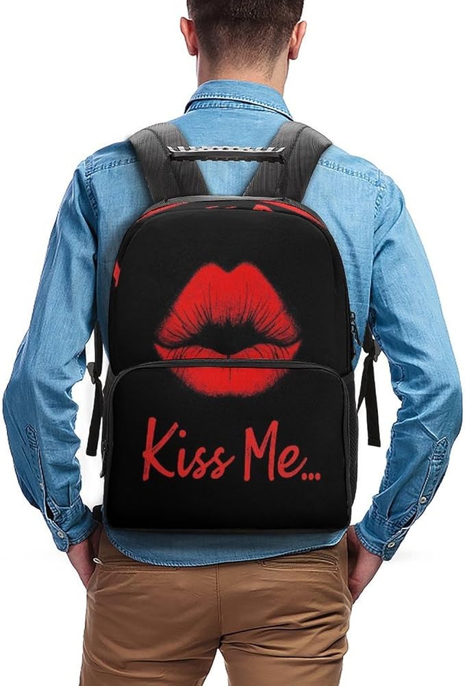 Men Women Lightweight Black Red Lip Print Kiss Me Backpack Large Capacity Bookbag With Smooth Zippers for Gym Business Running