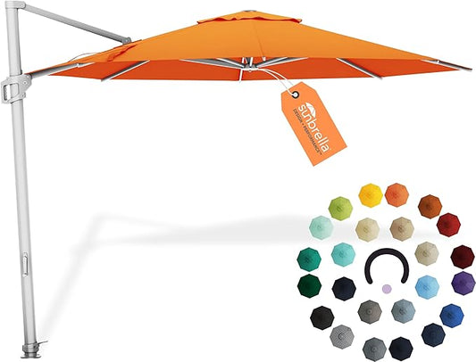 Midtown Umbrellas 10 Ft Outdoor Cantilever Patio Umbrella w/Sunbrella Canvas Tuscan Fabric - 360° Rotate Offset Patio Umbrella, Deck Patio Umbrella, Backyard Umbrella & Garden Umbrella - Silver Frame