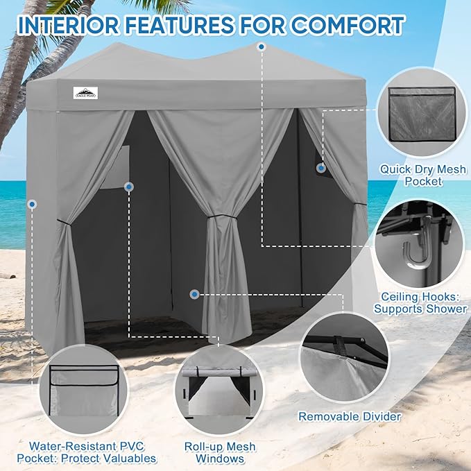 EAGLE PEAK Outdoor Changing Room 8x4, 2 Room Pop Up Portable Changing Room, Sun Shelter, Pop Up Changing Tent for Beach or Pool, Portable Dressing Room for Photoshoots (Gray)