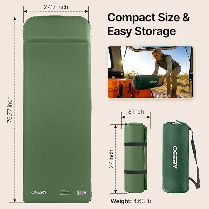 OGERY Upgraded Memory Foam Sleeping Pad with Washable Cover, 3" Self-Inflating Camping Mattress with Built-in Foot Pump, Non-Slip Quiet Sleeping Mat Camping Essentials Gear for Tent Travel Car