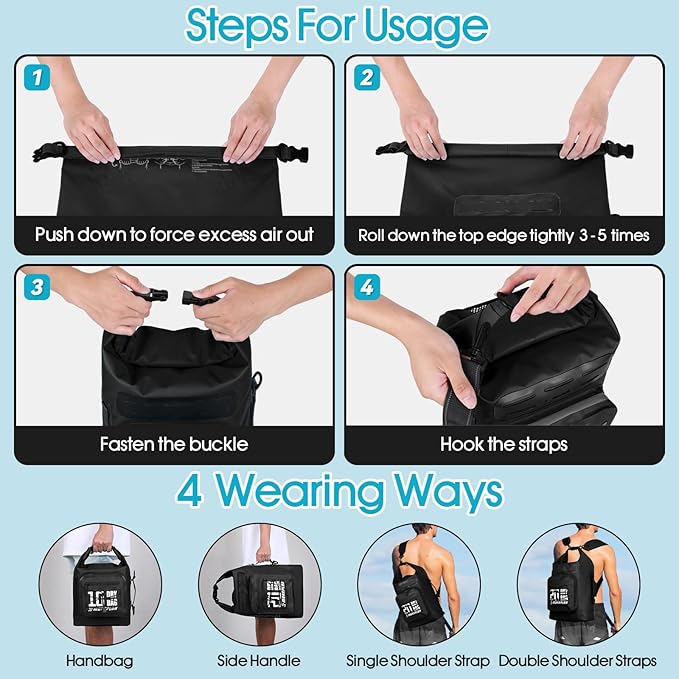 Dry Bag Waterproof,5L/10L/20L/30L Roll Top Dry Bag Backpack with WaterProof Phone Case for Swim,Kayak(Black 10L)
