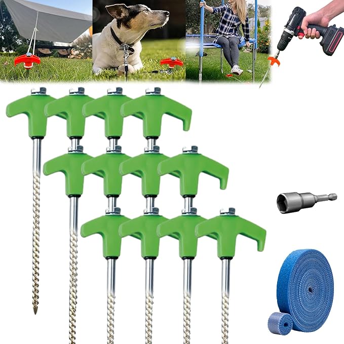 Screw in Tent Stakes,Tent Stakes Heavy Duty Screw,Hex Pegs Drillable Tent in Ground Anchors with 1 Hex Head Driver,Metal Stakes for Trampoline,Tent,Canopy,Dog Anchors (4, Green)