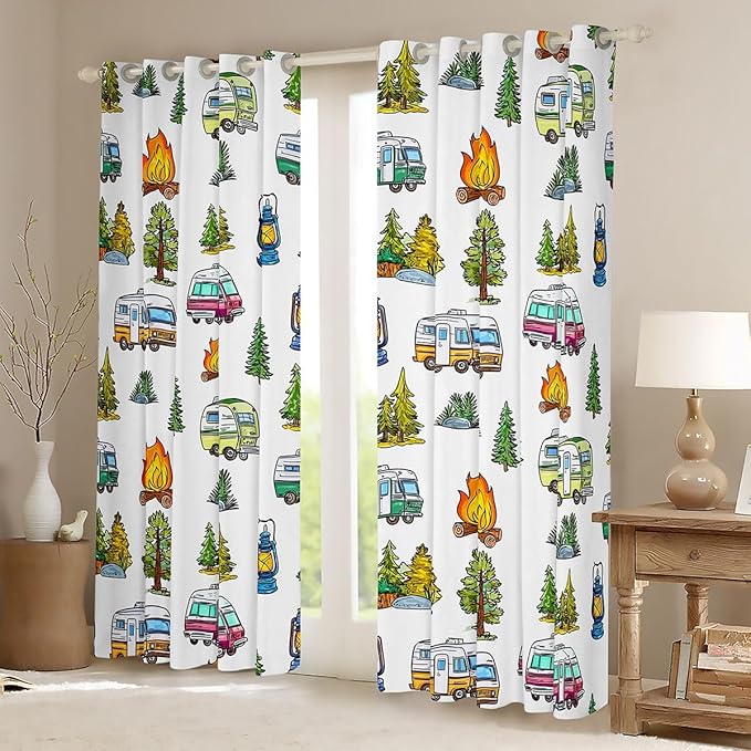 Feelyou Vintage Camper Curtains for Bedroom Living Room Rustic Camping Trailer Blackout Darkening Drapes Camping Campfire Window Treatments, 2 Panels 38 x 54 Inch Rustic Camping Trailer Room Decor