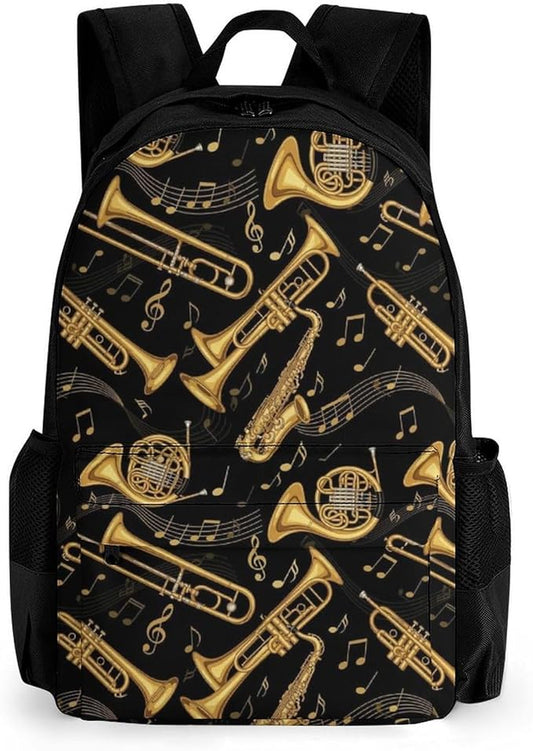 Polyester Daypack for Camping Travel Walking Cycling, Big Capacity Anti-Theft Multipurpose Bookbag, Gold Trumpet Trombone French Horn Black Camping Outdoor Backpack