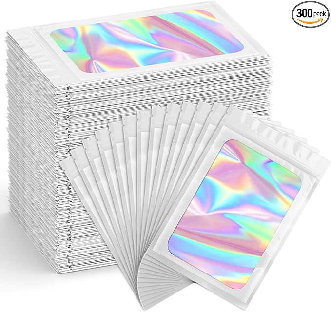 Funfery 300 Pack Smell Proof Resealable Bags for Food Storage,Holographic Bags 4x6 White Mylar Clear Packaging Bag- Scent Proof for Cookies, Zip Foil Pouch for Small Business