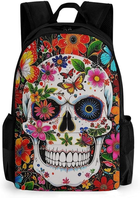 Supdreamc Lightweight Daypack Bookbag for Trekking Business Walking Cycling, Big Capacity Anti-Theft Multipurpose Carry On Bag, Magical Skull Flowers Art Business Computer Bag