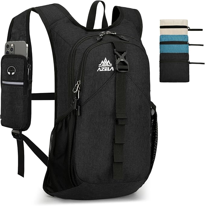 Folding Hiking Backpack with Phone Pocket for Men Women, Small Ultralight Packable Casual Daypack with Shoulder Chest Straps for Travel, 15L Foldable Lighweight Day Pack, Black