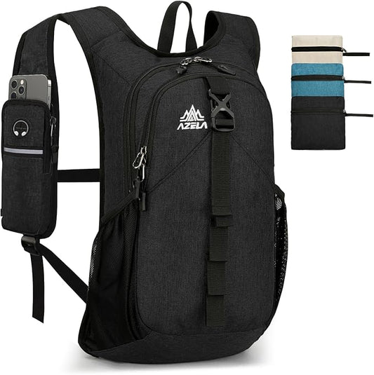 Folding Hiking Backpack with Phone Pocket for Men Women, Small Ultralight Packable Casual Daypack with Shoulder Chest Straps for Travel, 15L Foldable Lighweight Day Pack, Black