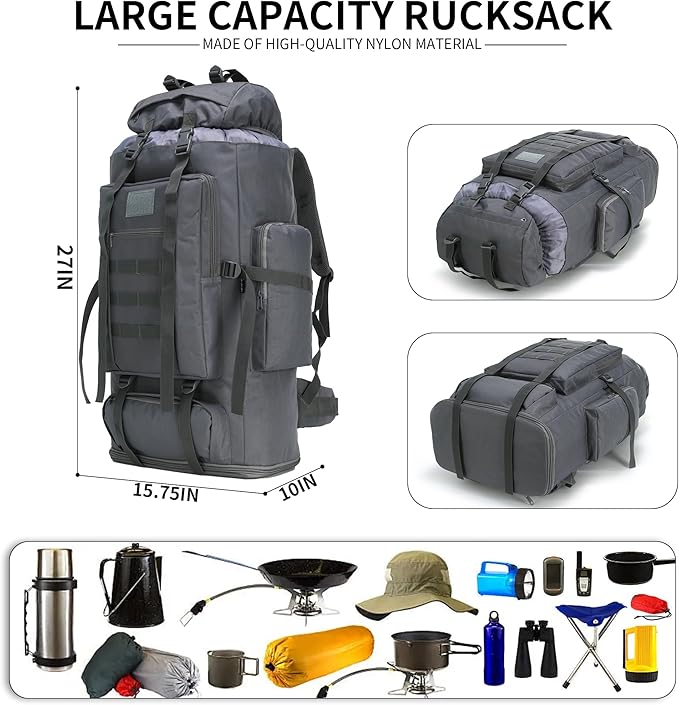 100L Hiking Camping Backpack MOLLE Rucksack Waterproof Daypack (Grey)