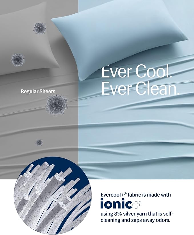 REST® Evercool®+ Cooling Sheet Set, Queen Size, Light Blue, Breathable Bed Sheets for Hot Sleeper and Night Sweats, with Pillowcases, with Ionic+ Self-Cleaning Silver Yarn for Sensitive Skin, 4PCS